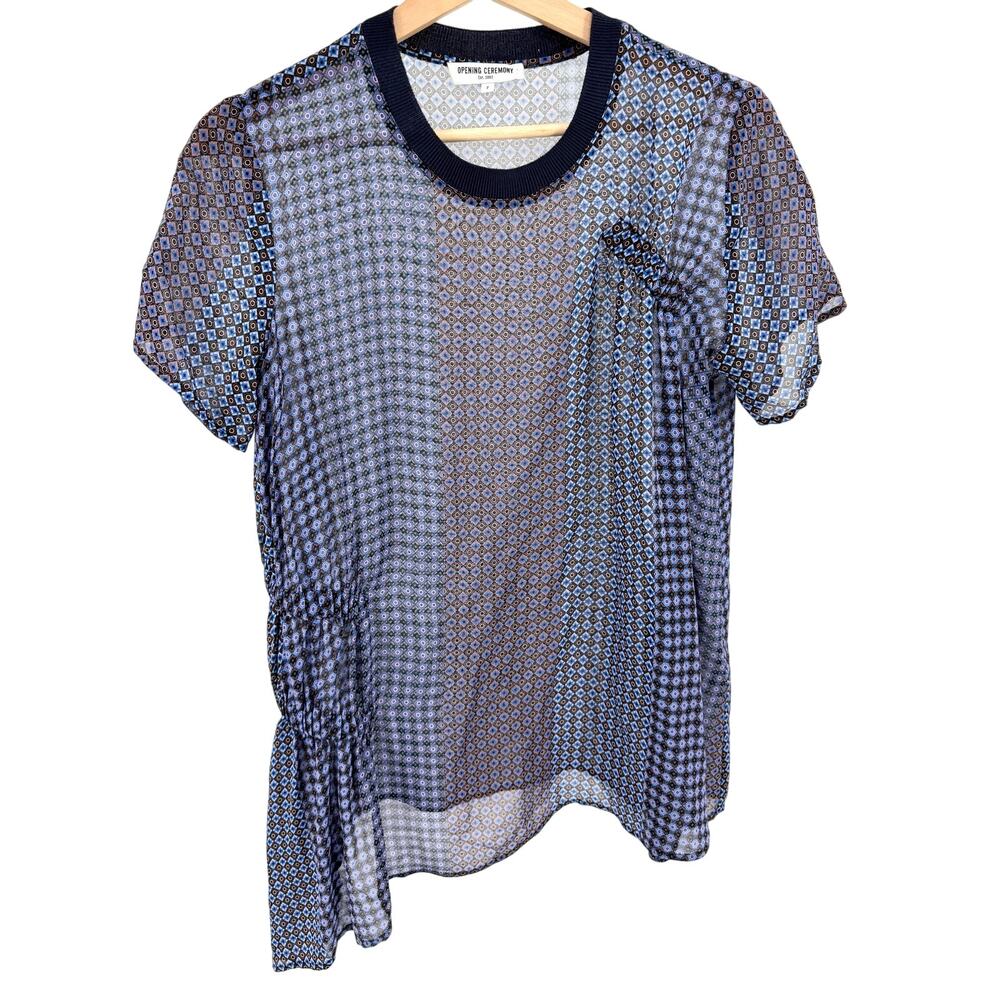 Opening Ceremony Sheer Blue Purple 100% Silk Patchwork Blouse Top